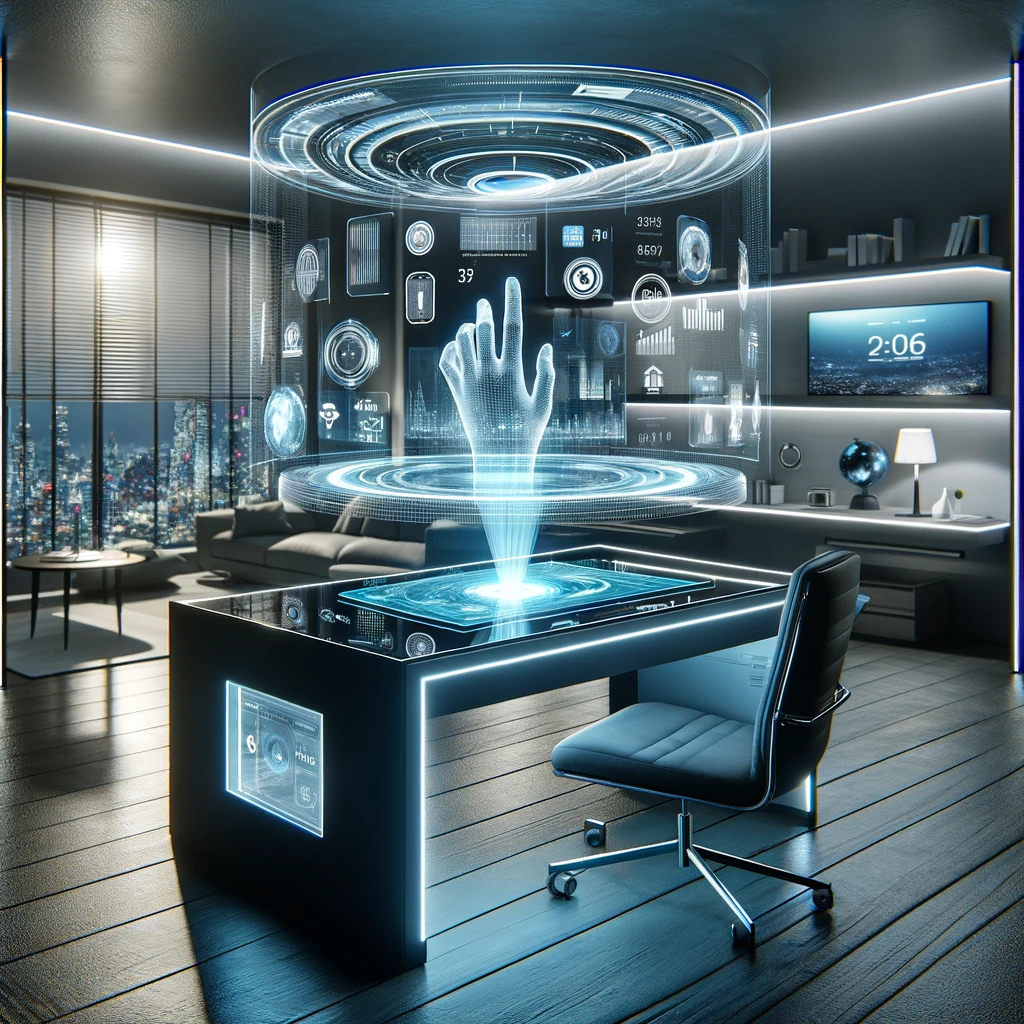 DALL·E 2024 03 30 21.34.21 A futuristic smart home office featuring a transparent holographic screen floating above a sleek minimalist desk. The screen displays a crystal clea 1 IPTV Trends